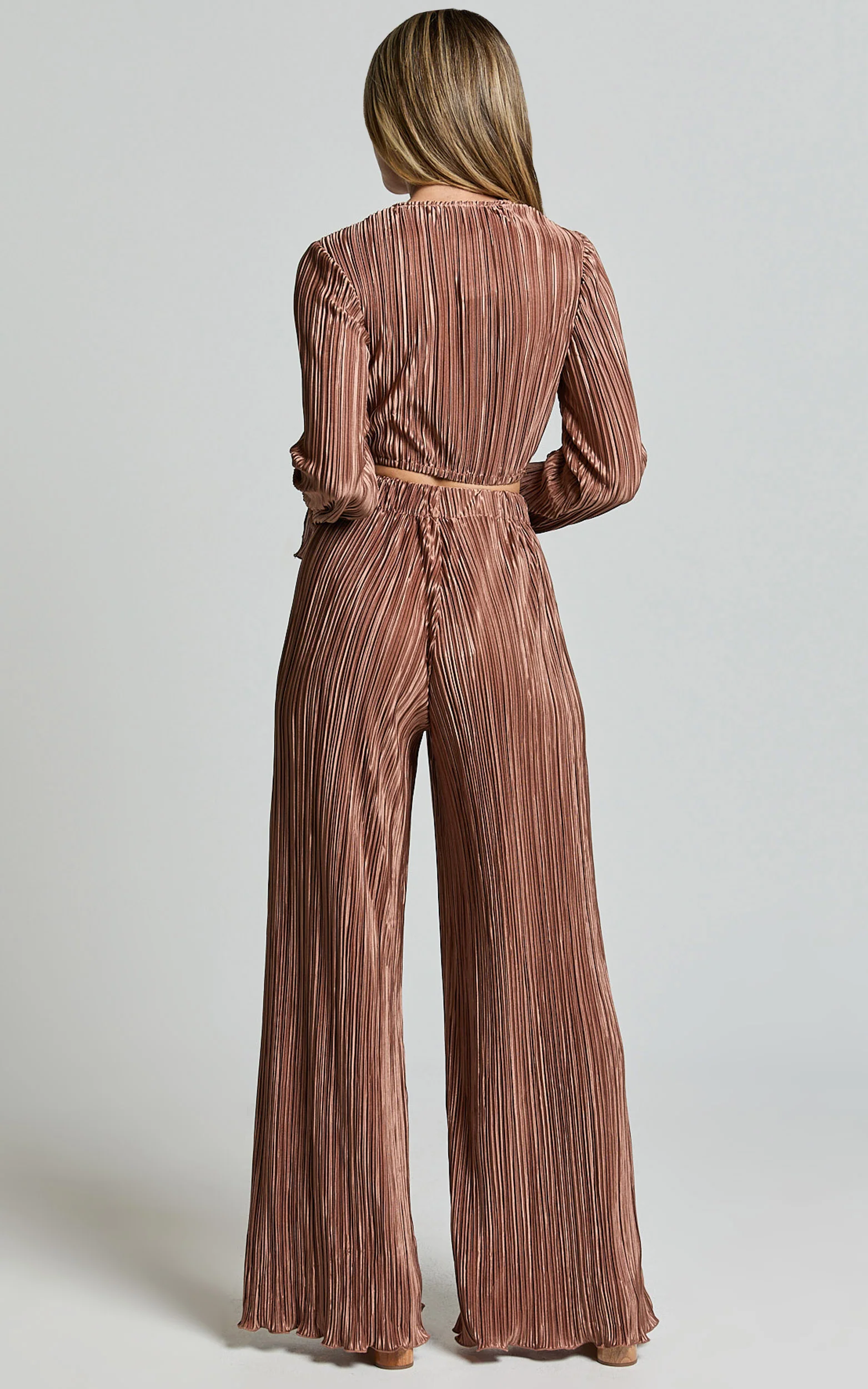 Aluna Two Piece Set - Plisse Twist Front Crop Top and Wide Leg Pants Set in Chocolate - Image 5