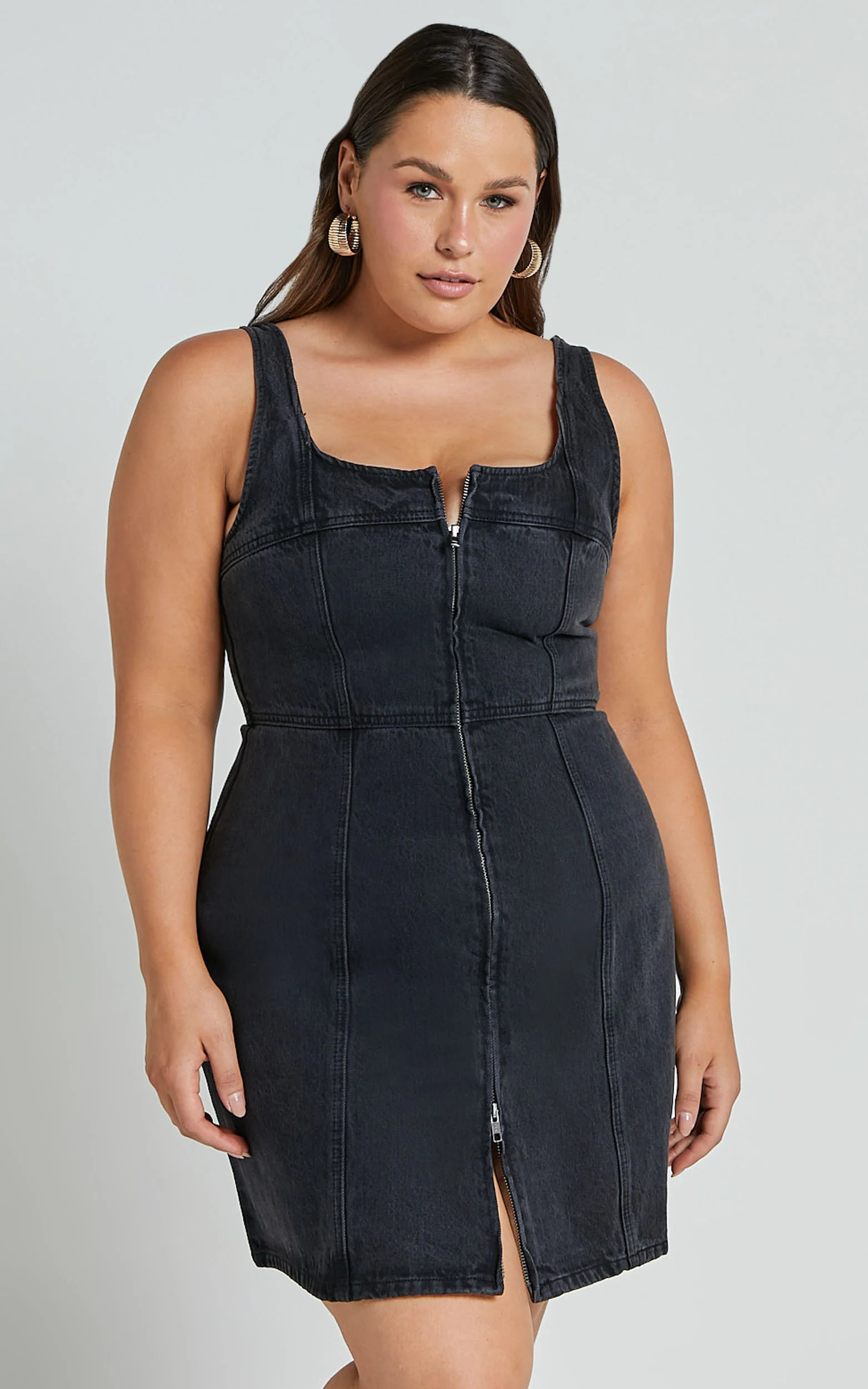 Chrysoula Mini Dress - Square Neck Zip Front Sleeveless Bodycon Denim in Washed Black - Image 9