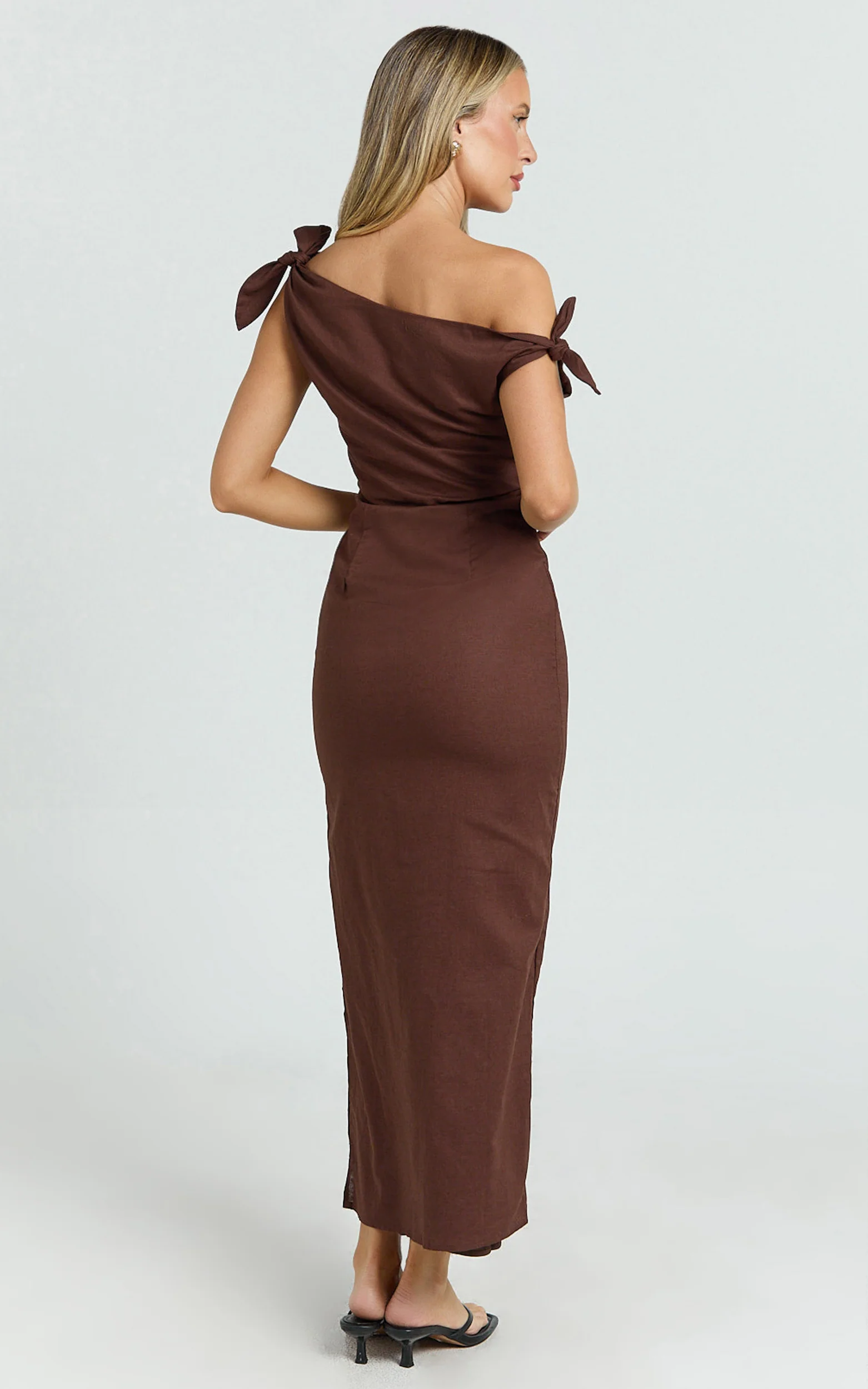 Cincinnati Midi Dress - Off The Shoulder Side Split Column Linen Dress in Chocolate - Image 7
