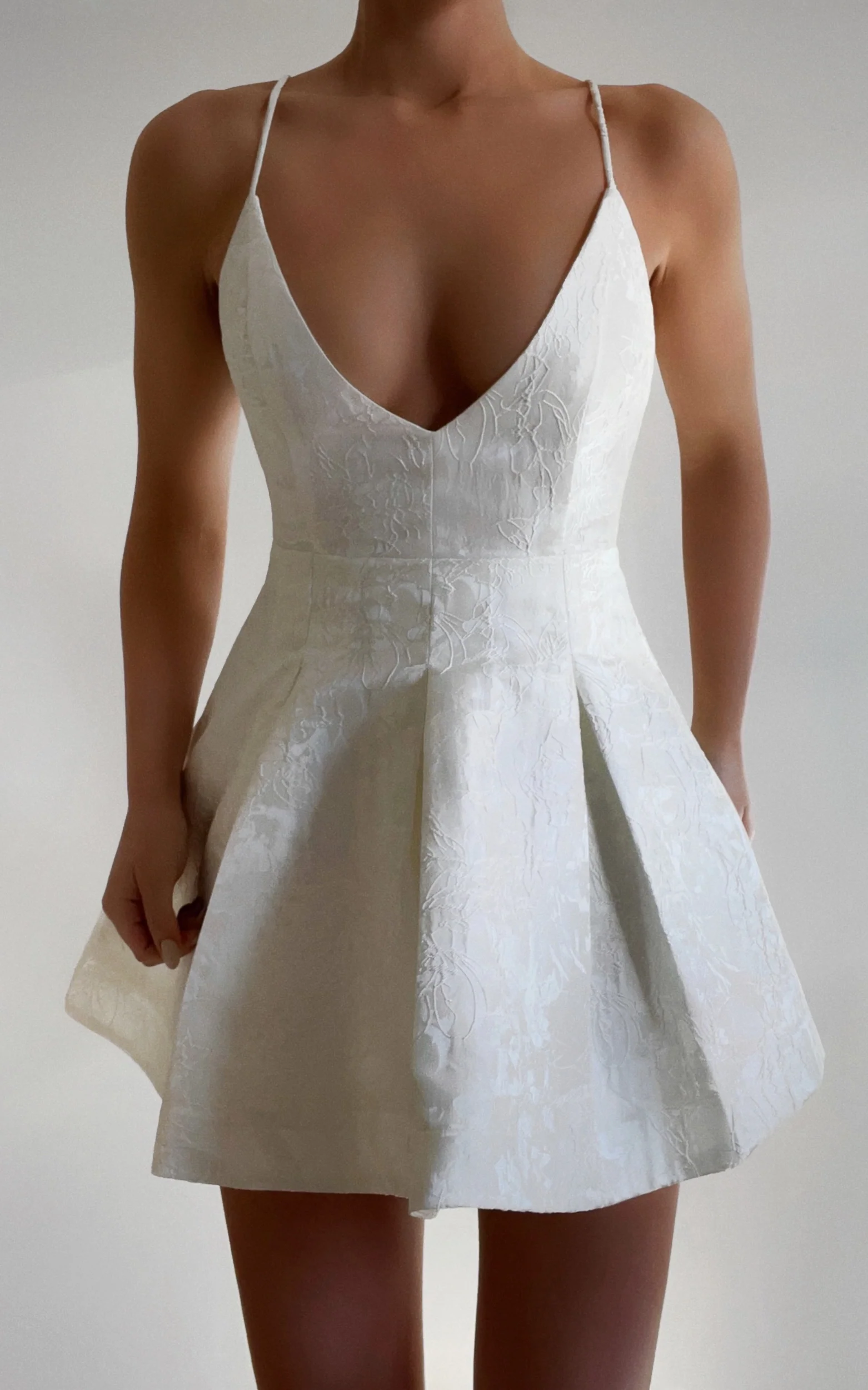 Gemima Mini Dress - Strappy Plunge Neck Fit and Flare Dress in White - Image 6
