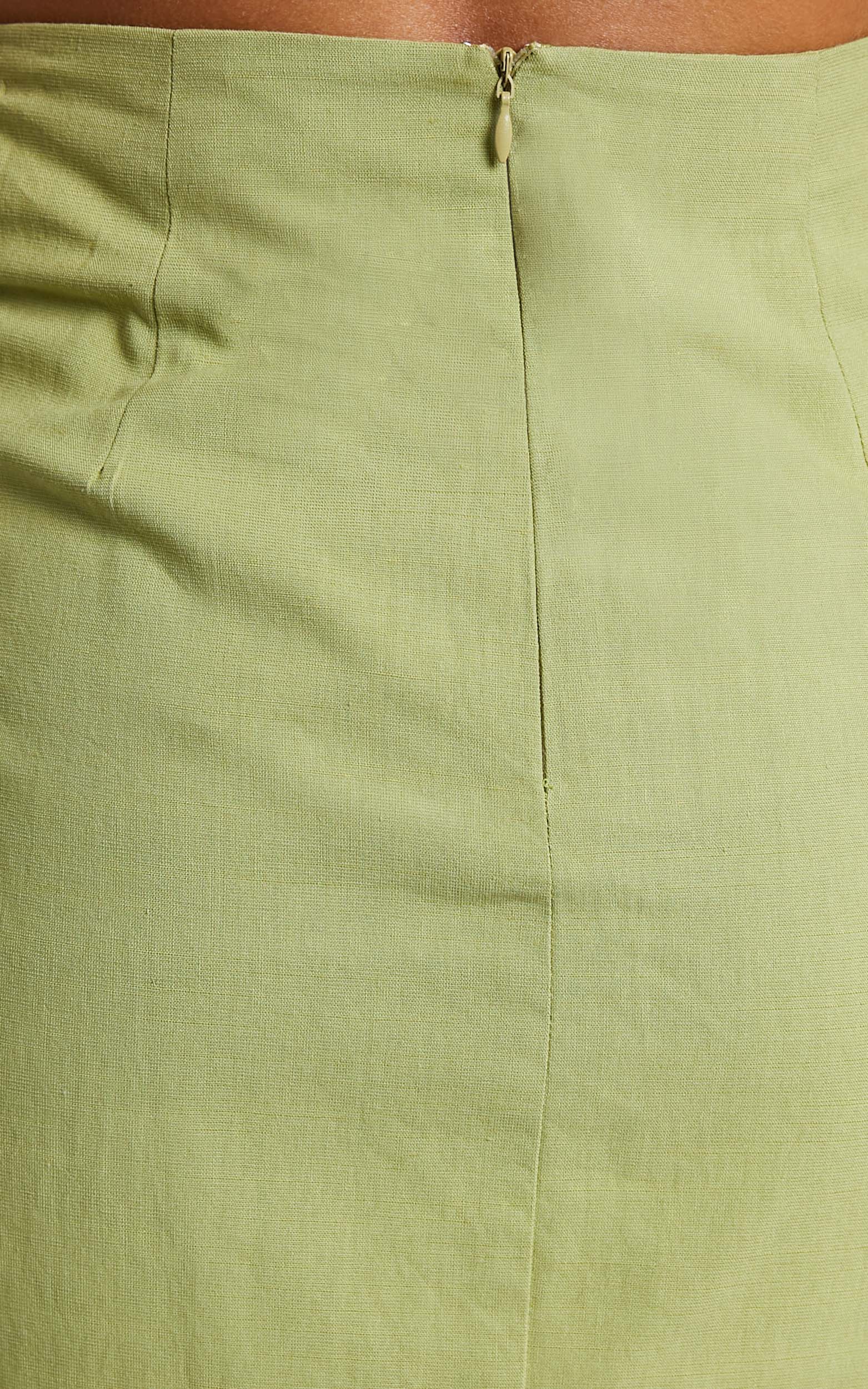 Gibson Two Piece Top and Skirt Set - Linen Crop Top and Knot Front Midi Skirt Set in Celery - Image 10