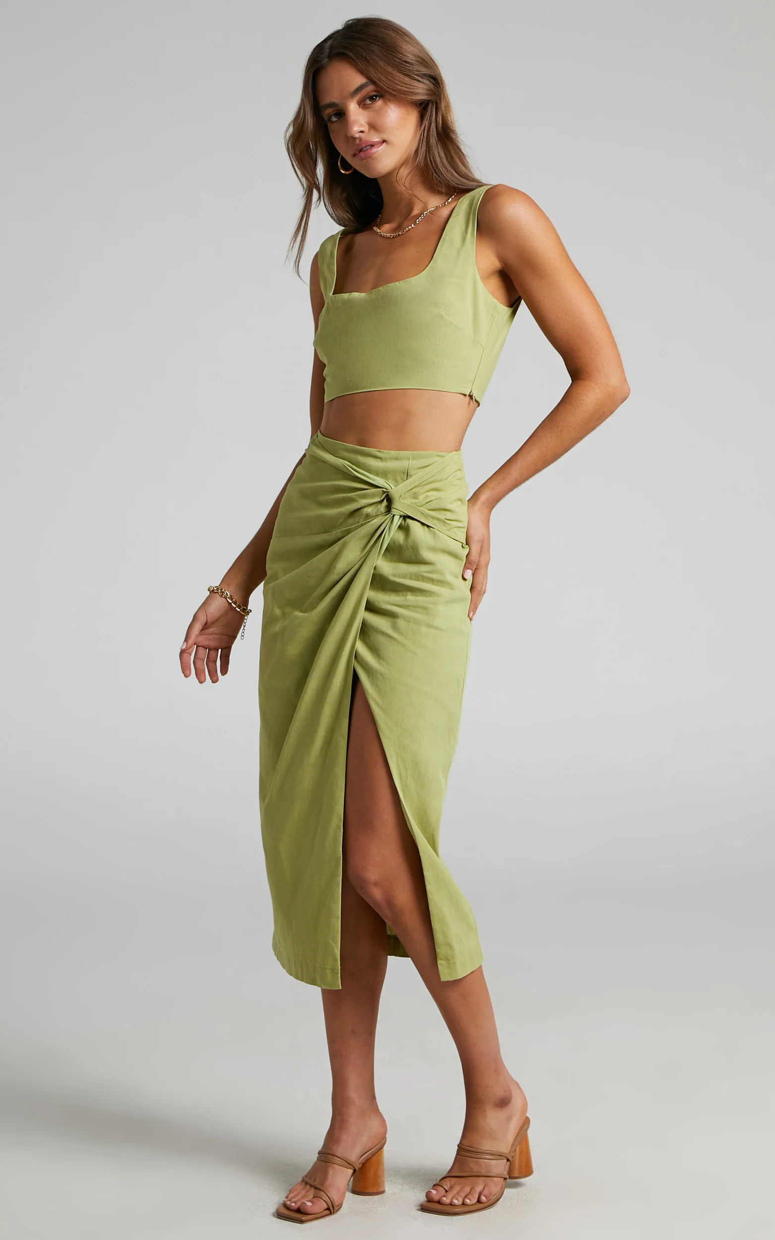 Gibson Two Piece Top and Skirt Set - Linen Crop Top and Knot Front Midi Skirt Set in Celery - Image 7