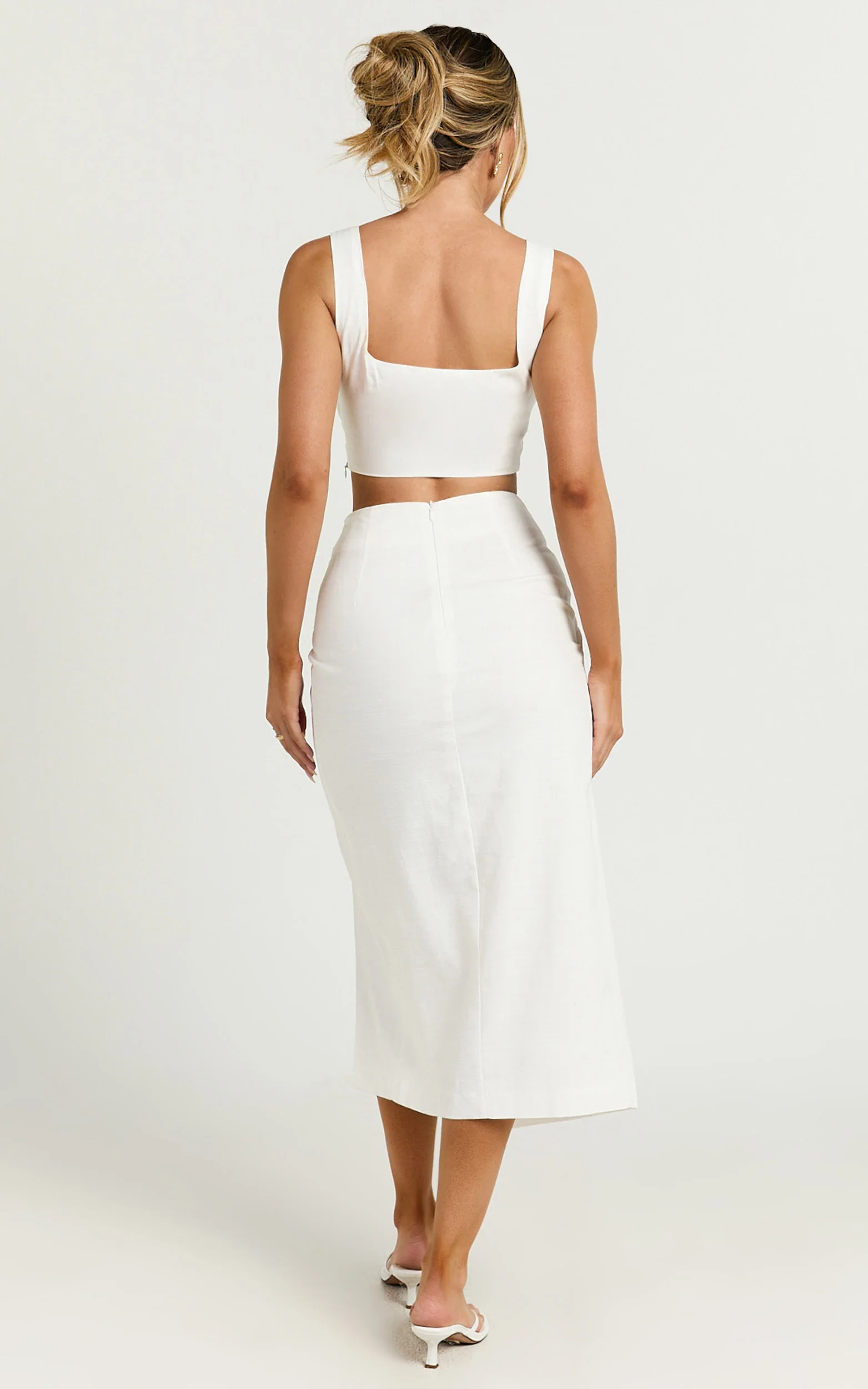 Gibson Two Piece Top and Skirt Set - Linen Crop Top and Knot Front Midi Skirt Set in White - Image 8