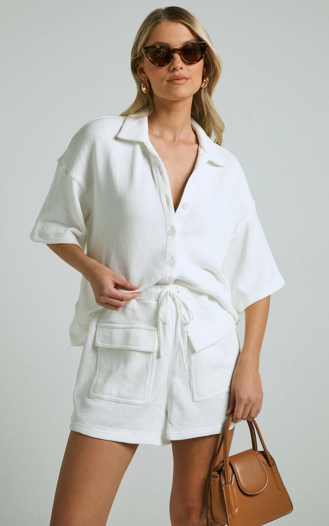 Kahlani Two Piece Set - Collared Short Sleeve and High Waisted Shorts in White - Image 3