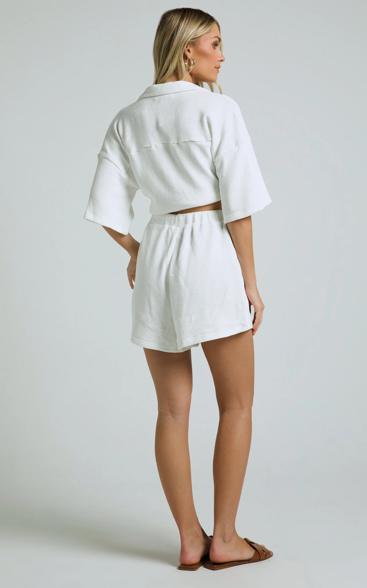 Kahlani Two Piece Set - Collared Short Sleeve and High Waisted Shorts in White - Image 6