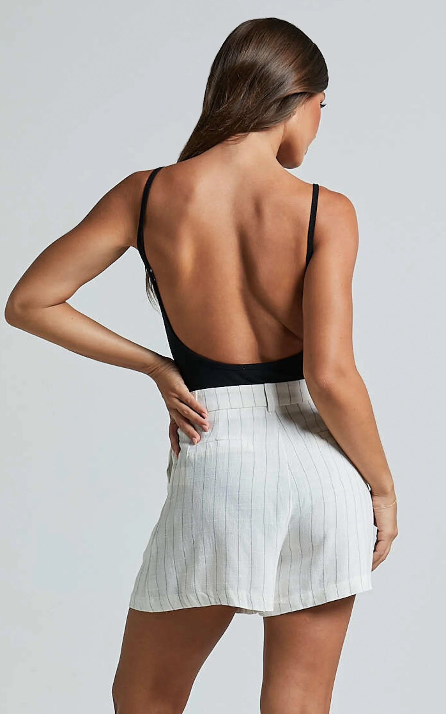 Manon Shorts - Linen Tailored Pinstripe Shorts in White - Image 7