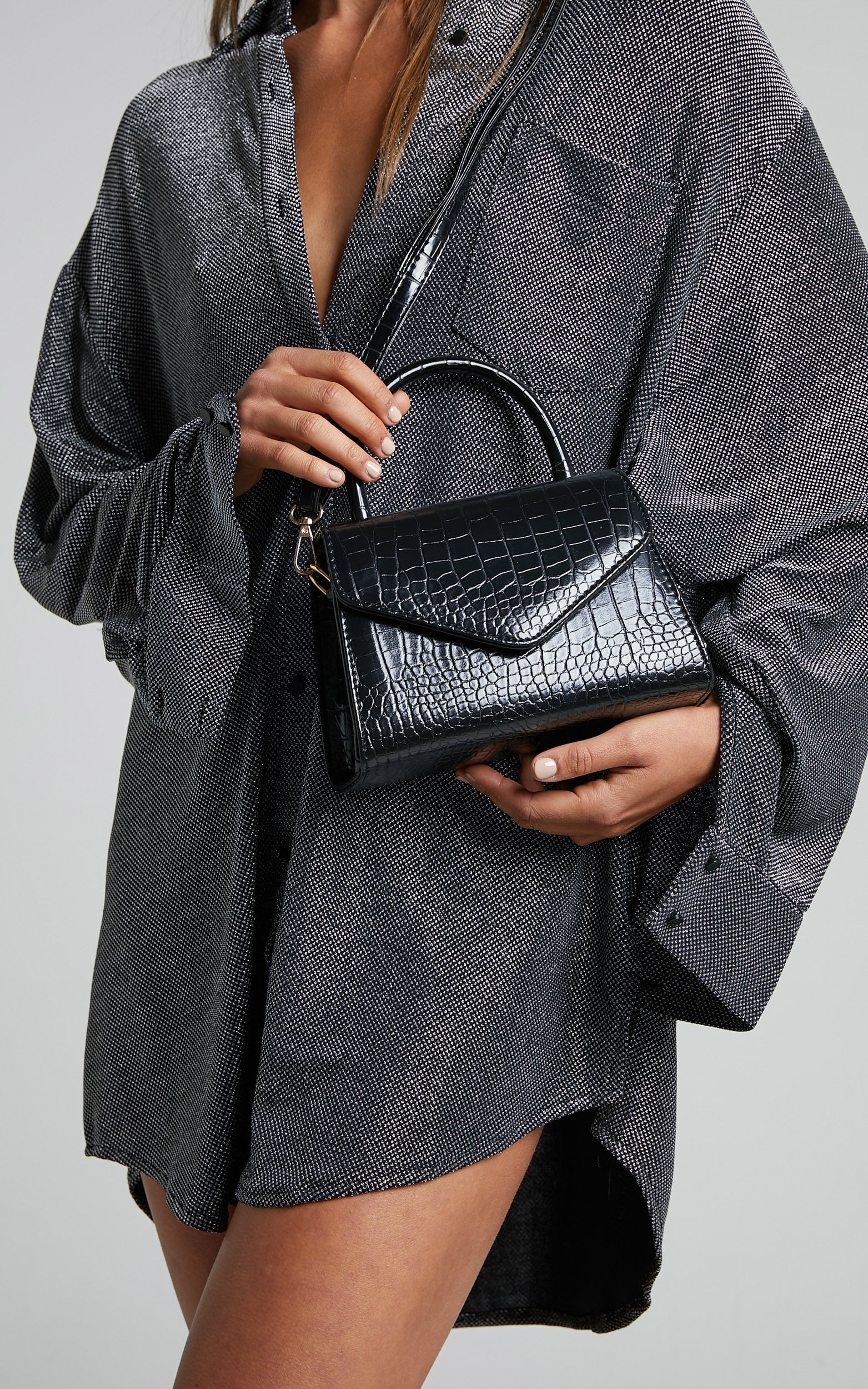 Marilou Bag - Croc Embossed Top Handle Crossbody Bag in Black - Image 3
