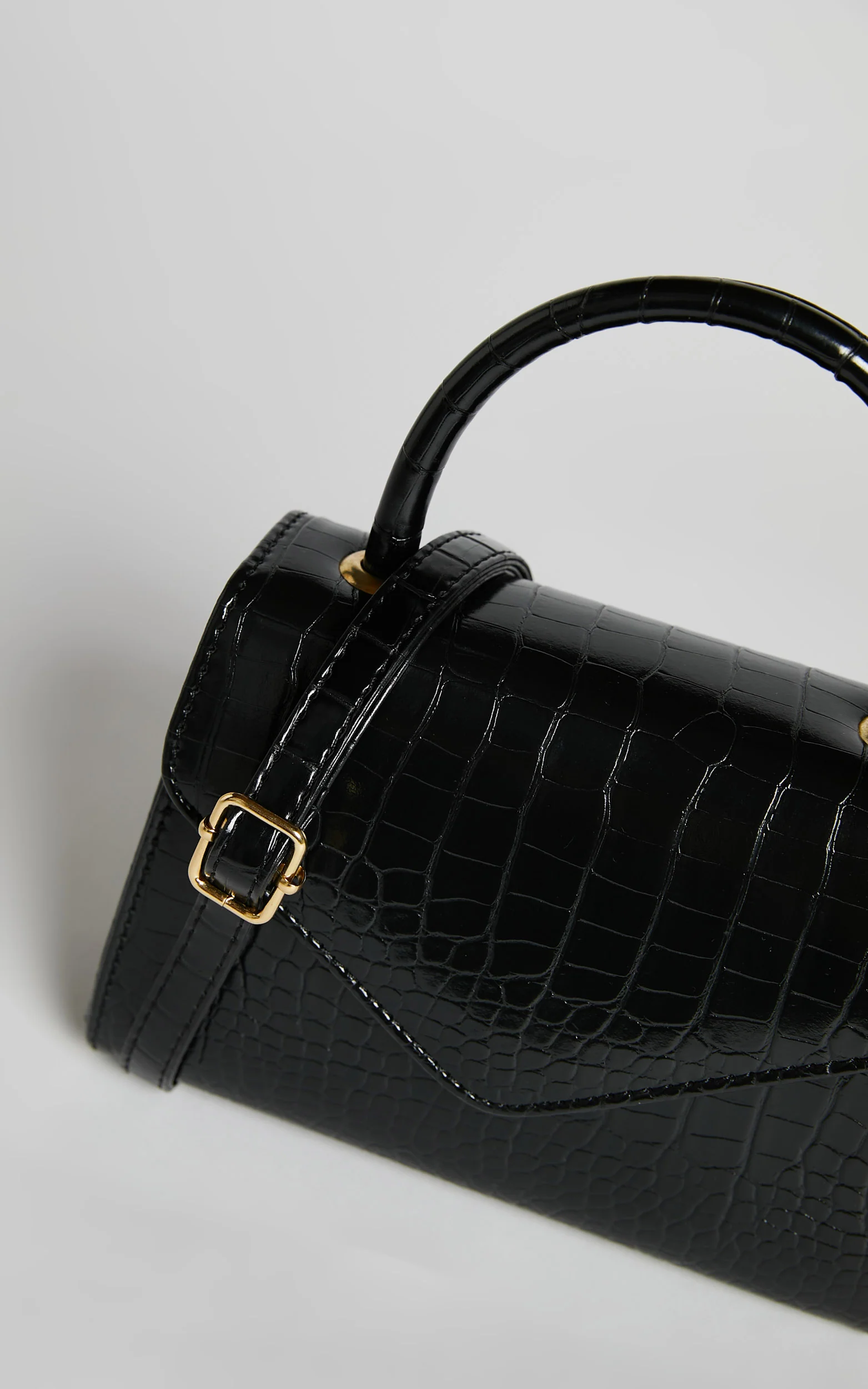 Marilou Bag - Croc Embossed Top Handle Crossbody Bag in Black - Image 7
