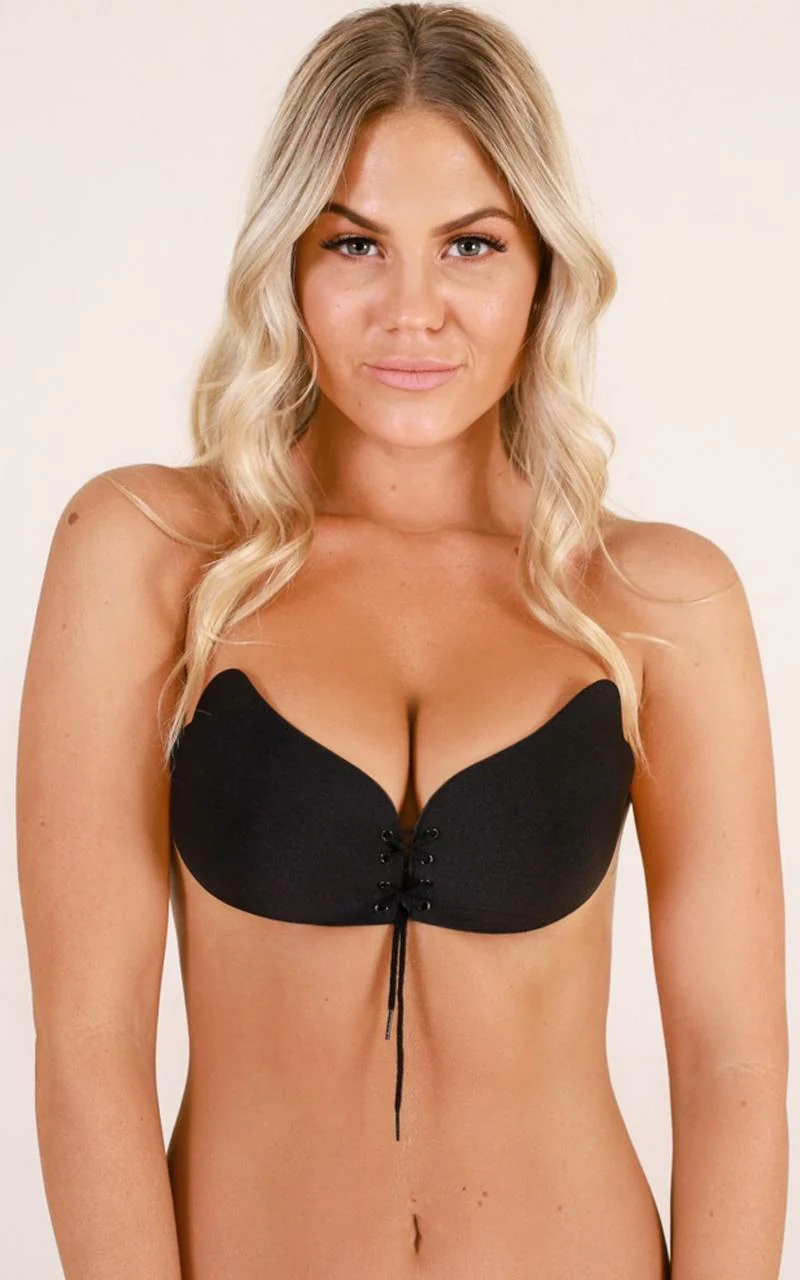 Push Up Stick On Bra with Laces in Black - Image 3