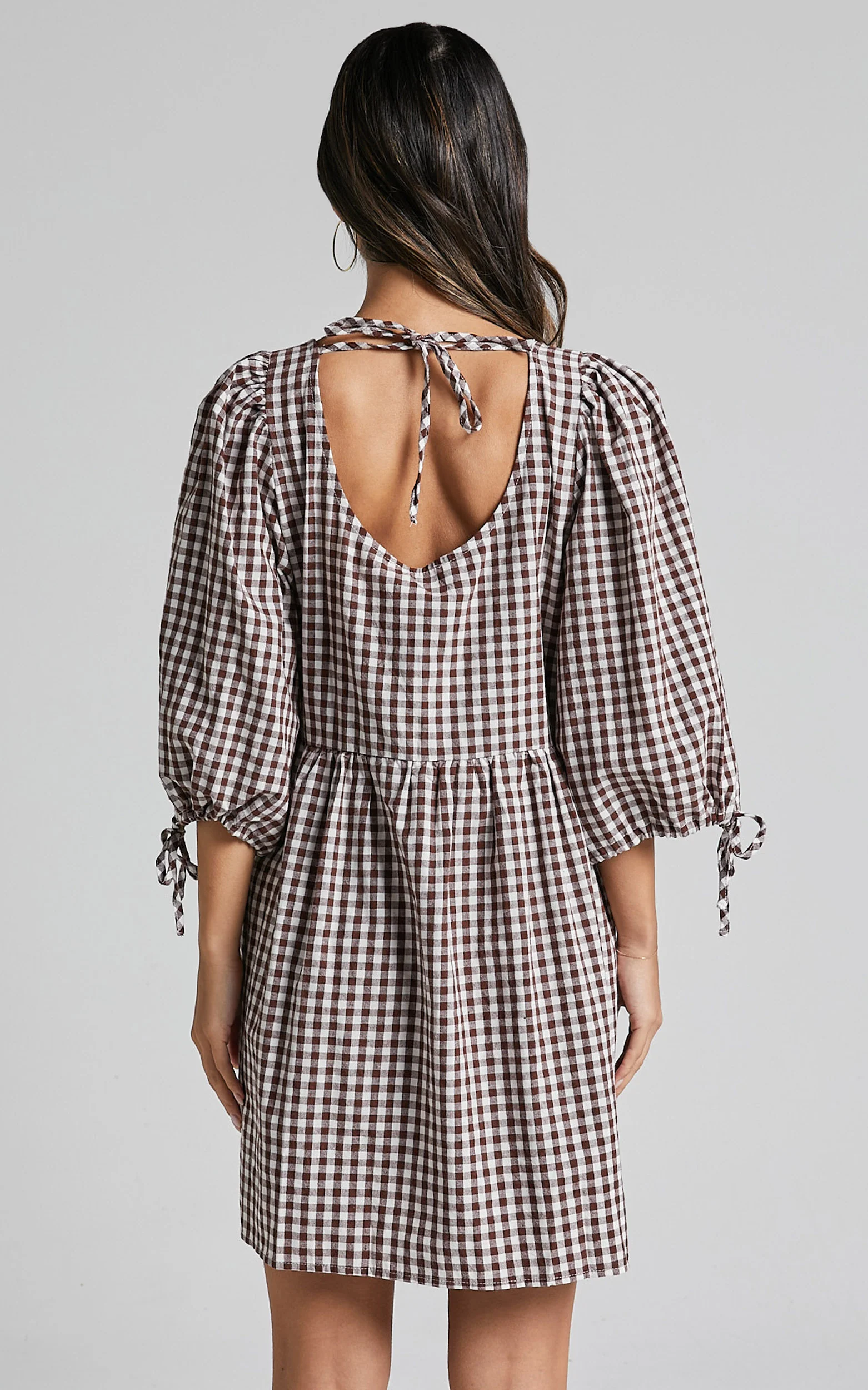 Rosita Mini Dress - Tie Front Puff Sleeve Dress in Brown and White Check - Image 8