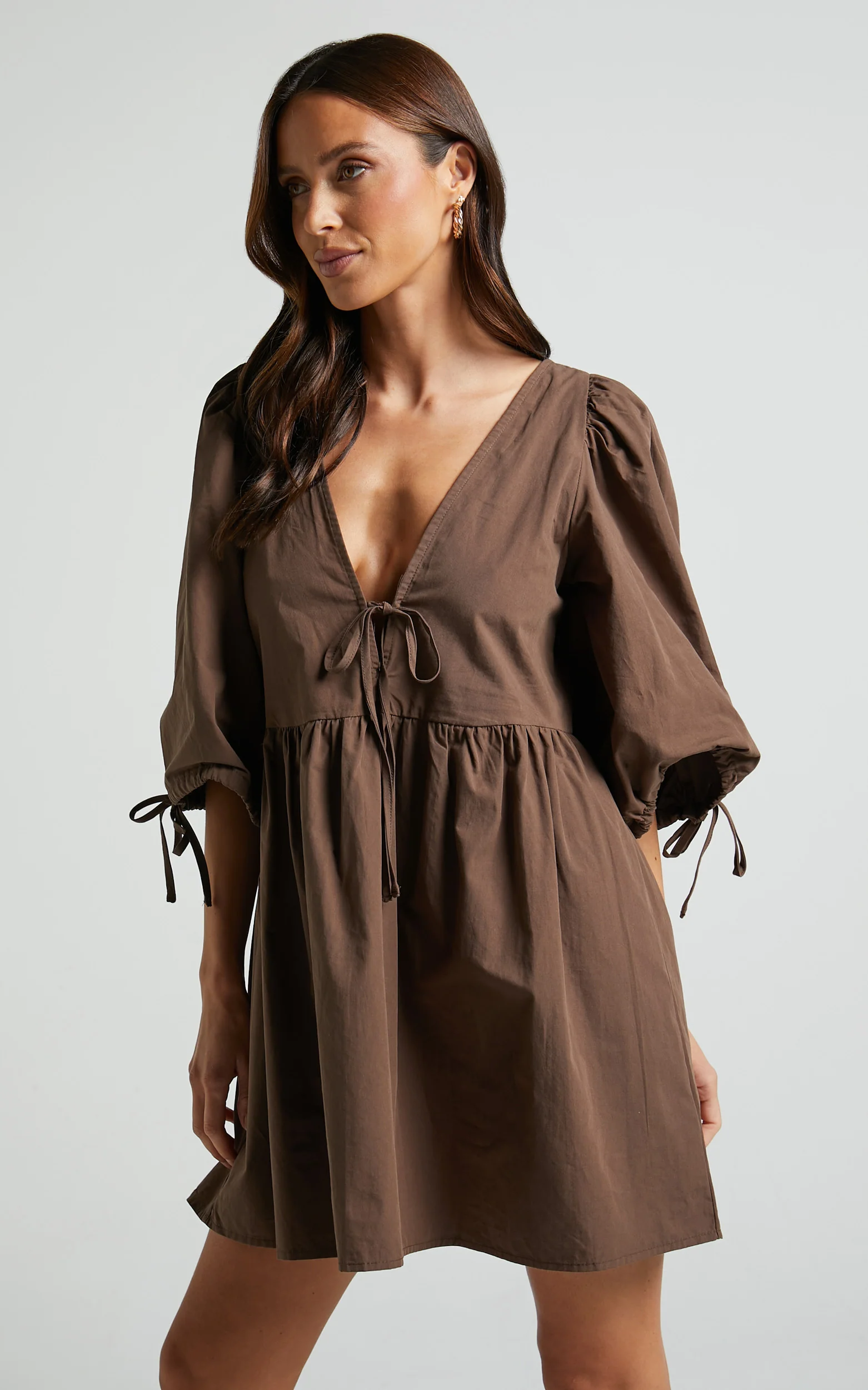 Rosita Mini Dress - Tie Front Puff Sleeve Dress in Chocolate - Image 5