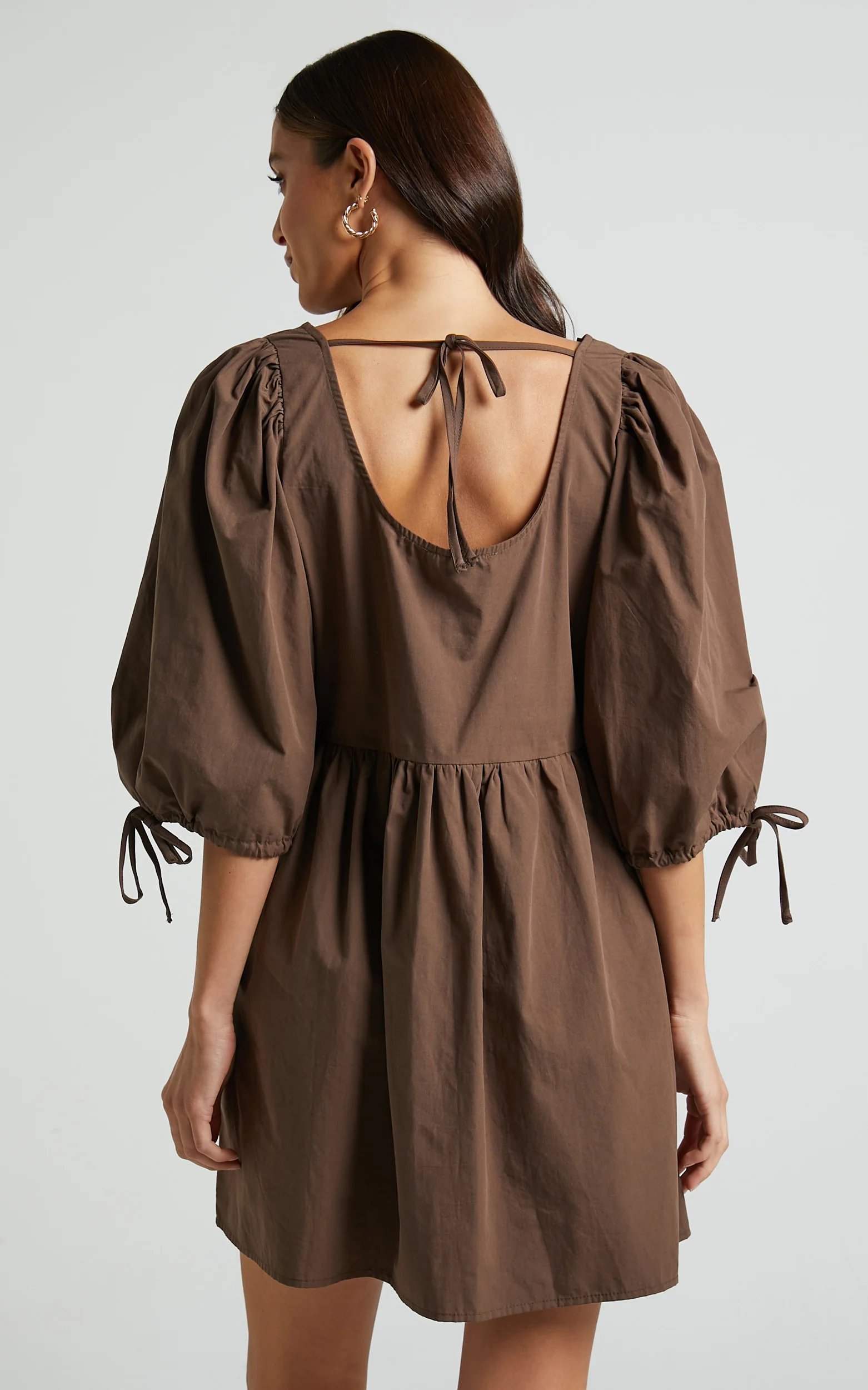 Rosita Mini Dress - Tie Front Puff Sleeve Dress in Chocolate - Image 7