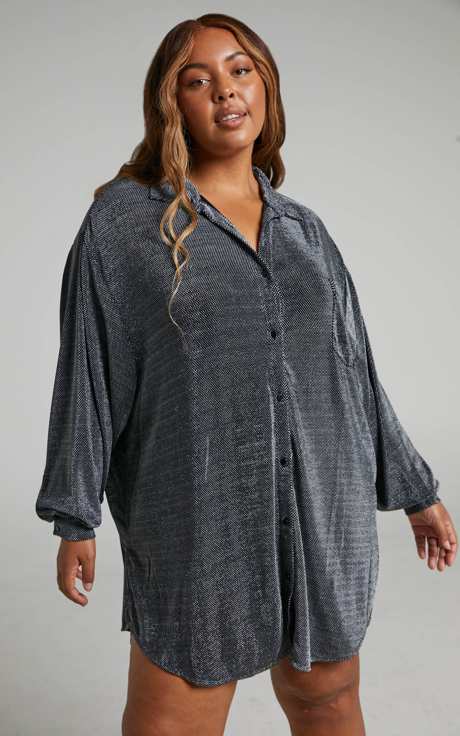 Ruri Mini Dress - Sparkly Oversized Shirt Dress in Black and Silver - Image 3