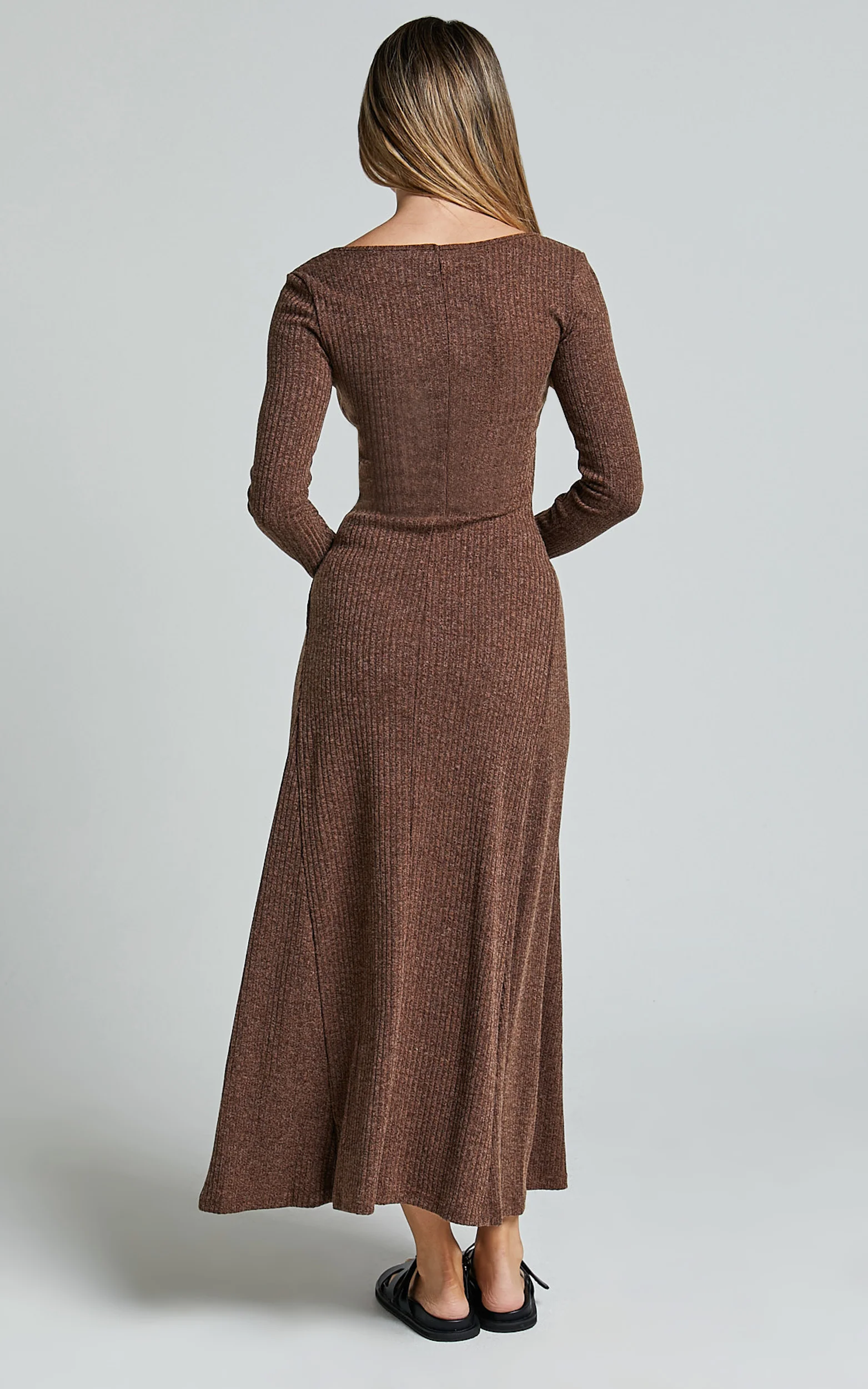 Lydia Midi Dress - V Neck Long Sleeve Knitted Dress in Chocolate - Image 6