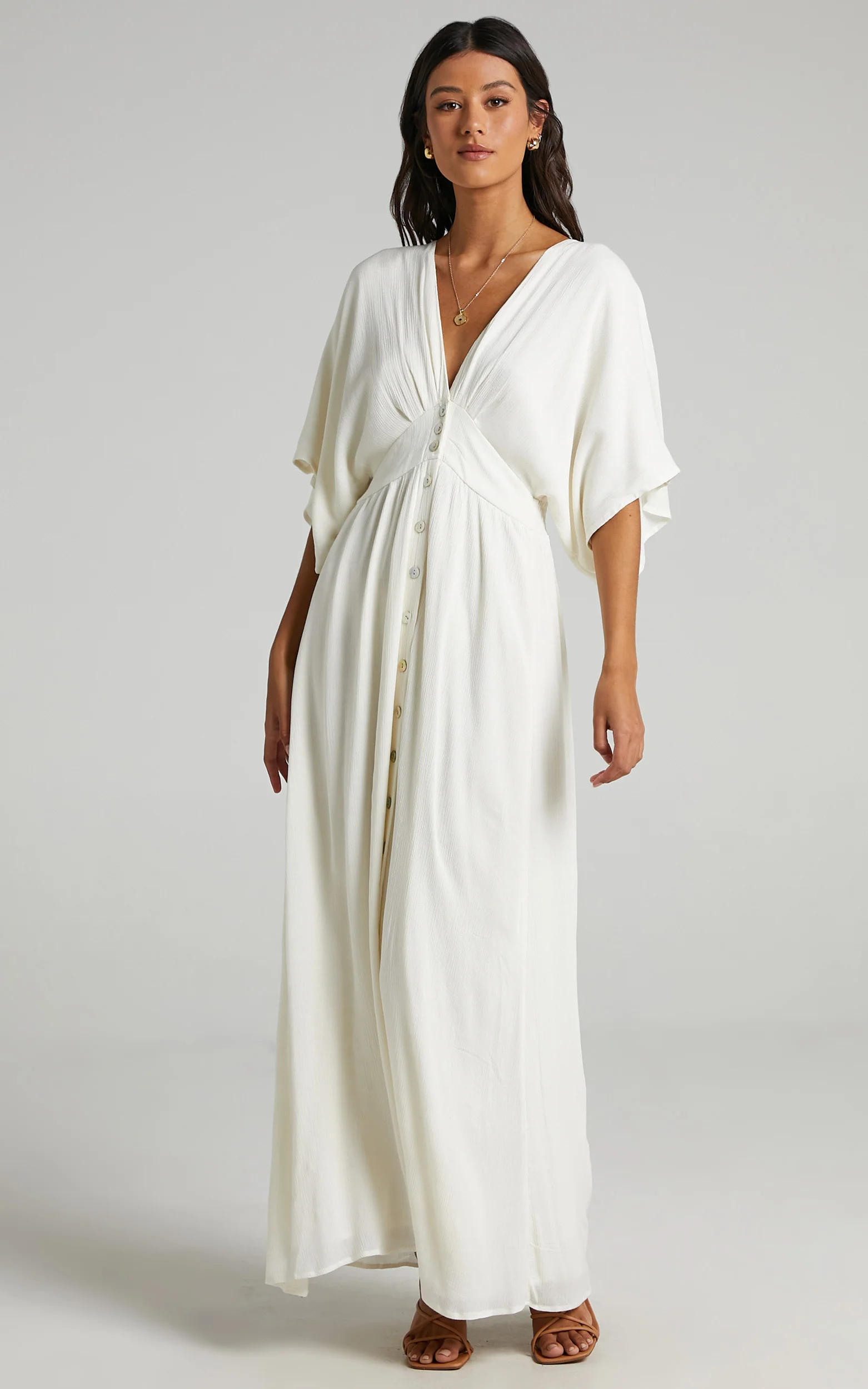 Sitting Pretty Maxi Dress - Short Sleeve Button Down Dress in Natural - Image 4