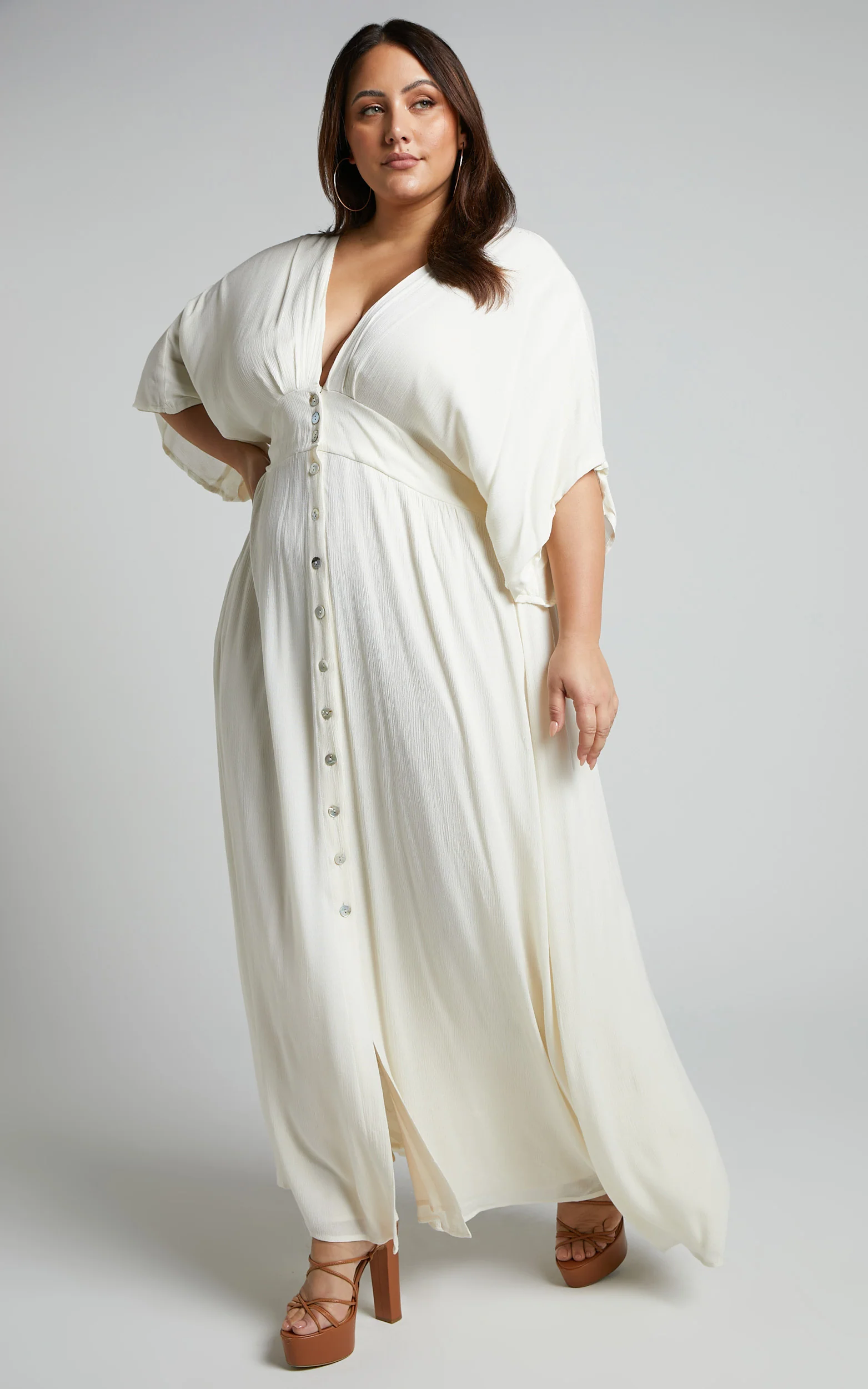 Sitting Pretty Maxi Dress - Short Sleeve Button Down Dress in Natural - Image 7