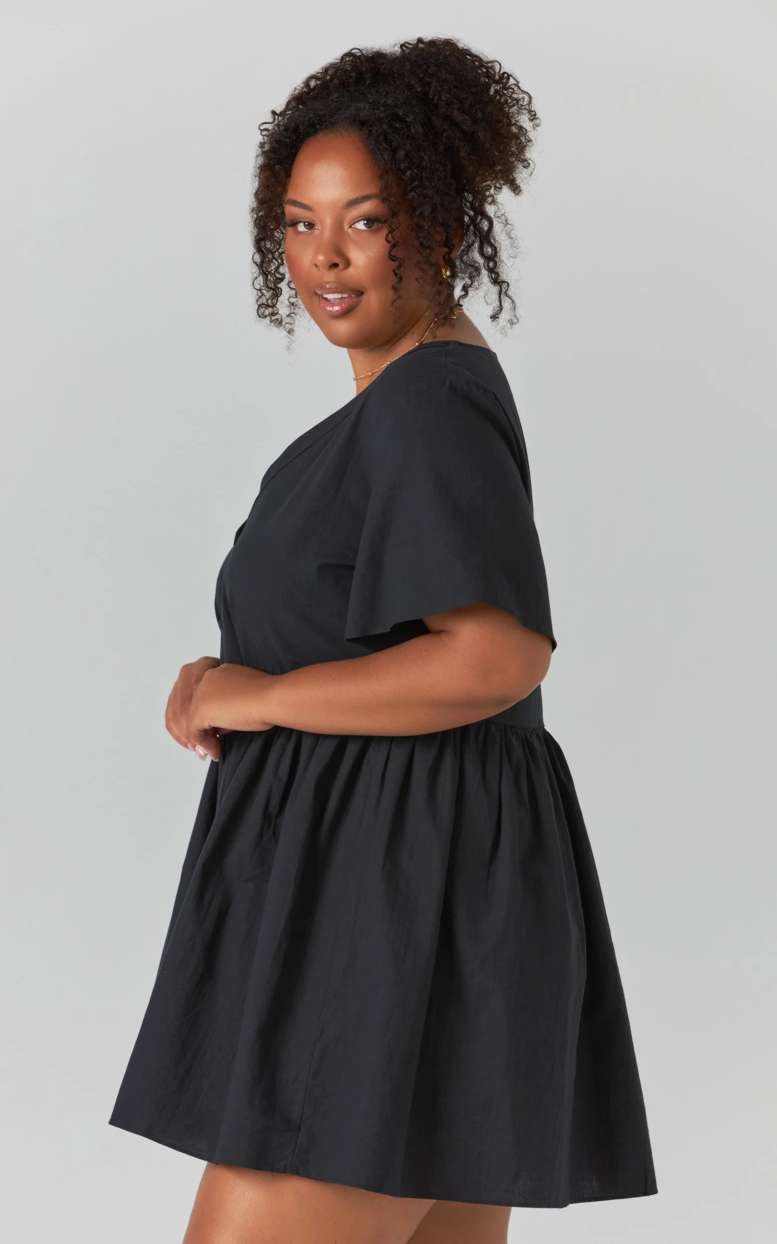 Staycation Mini Dress - Smock Button Up Dress in Black - Image 6