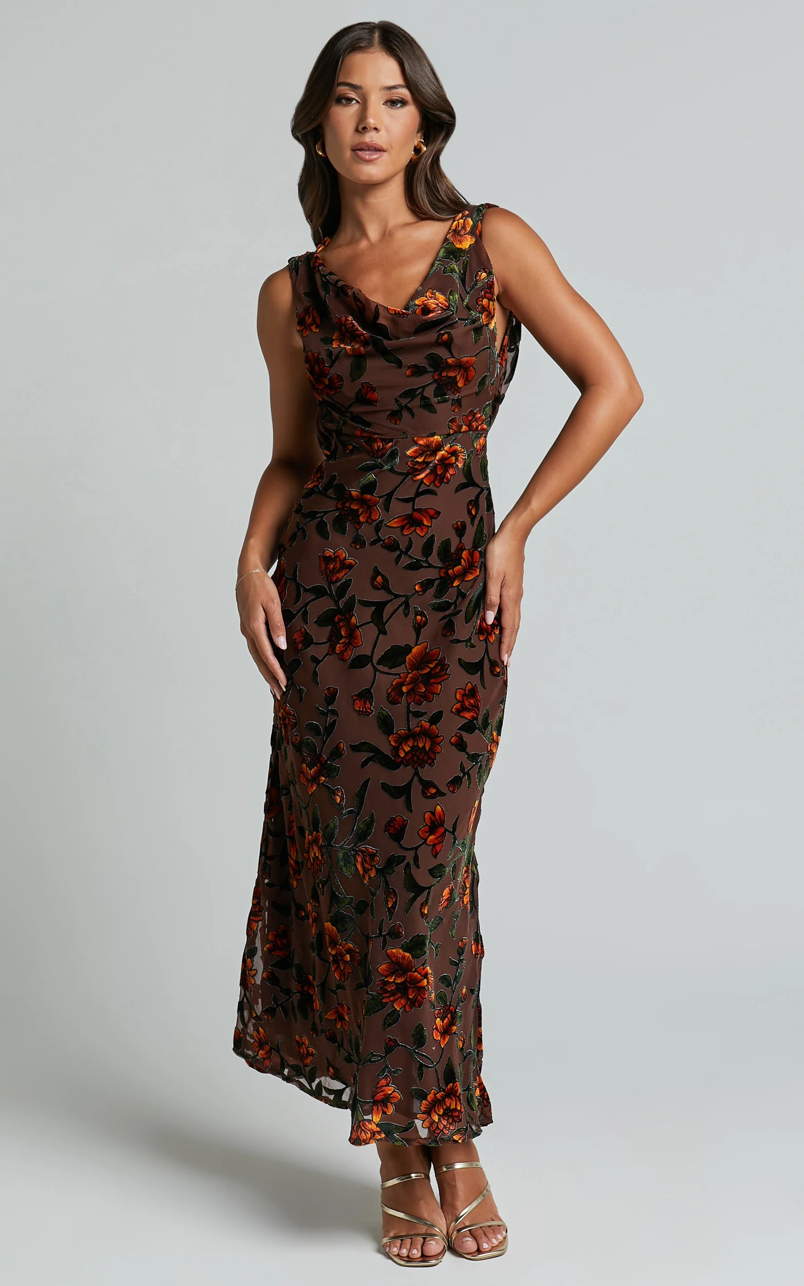Stephania Midi Dress - Cowl Neck Low Back Burnout Slip Dress in Chocolate - Image 5