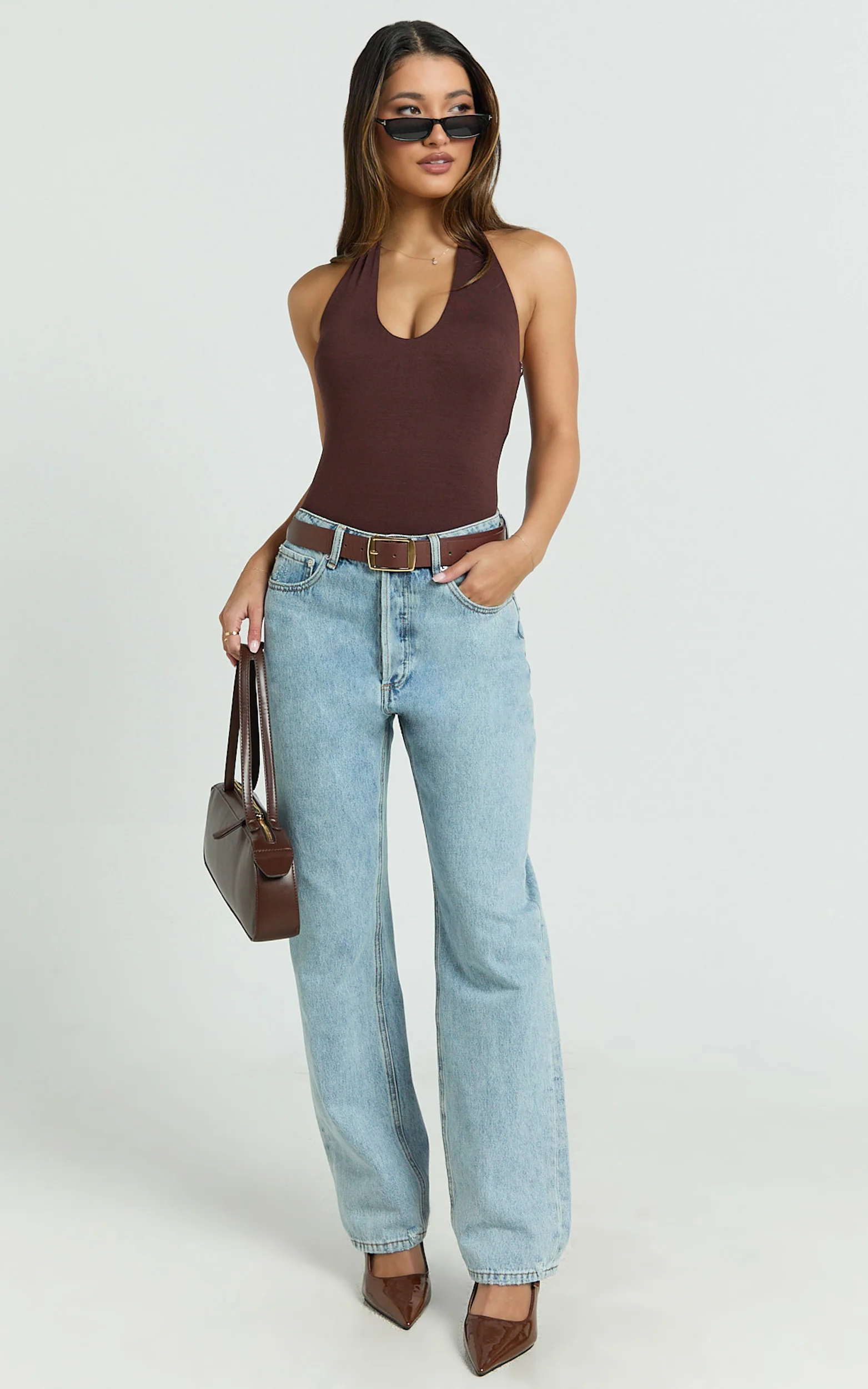 Suzanna Bodysuit - V Neck Halter Bodysuit in Chocolate - Image 4